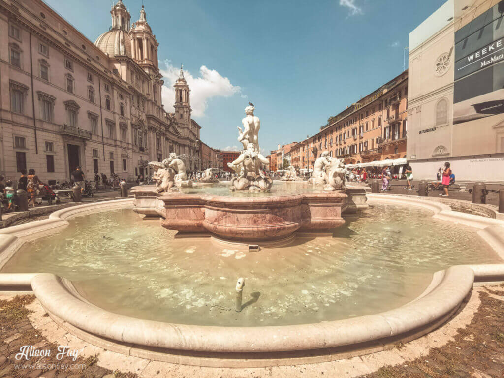 Photo of Fontana del Moro, a water fountain in Rome, Italy. 