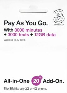 Three Mobile pay as you go sim card