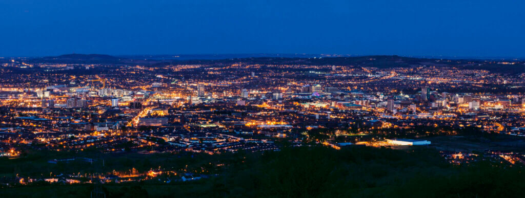 Aerial panorama of Belfast at night