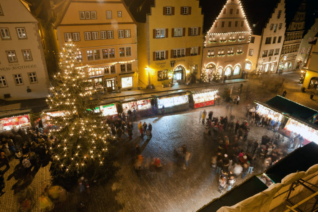 Christmas Market square by night in Rothenburg ob der Tauber, Germany