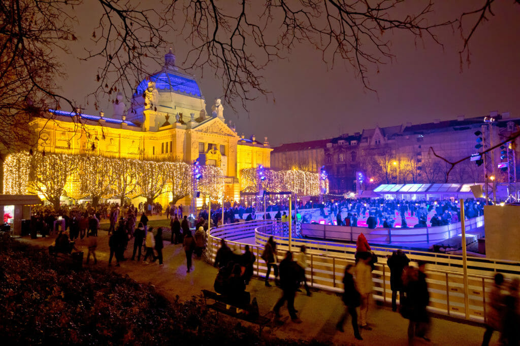 Zagreb christmas ice park evening view