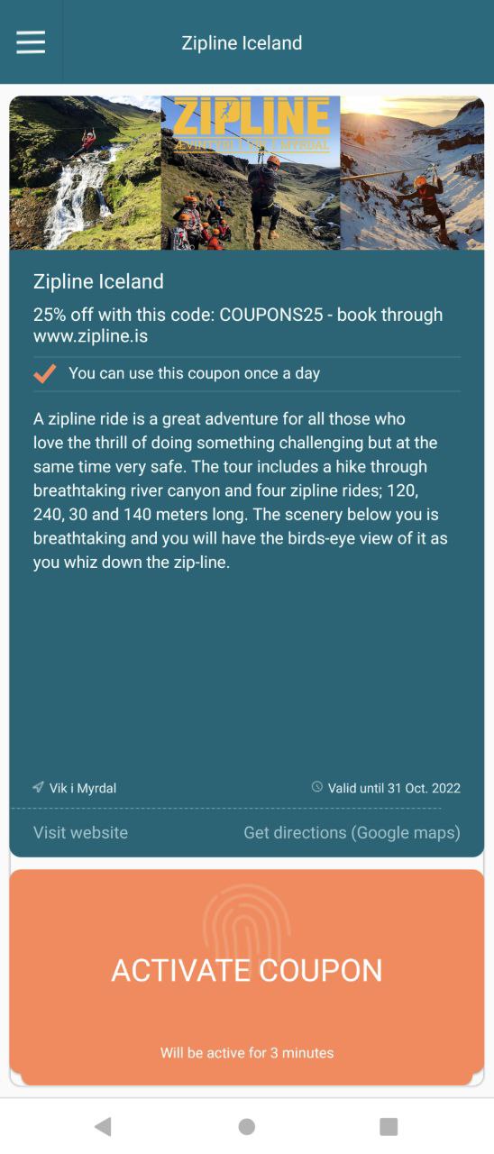 Iceland Coupon App, example of a coupon for Zipline Iceland