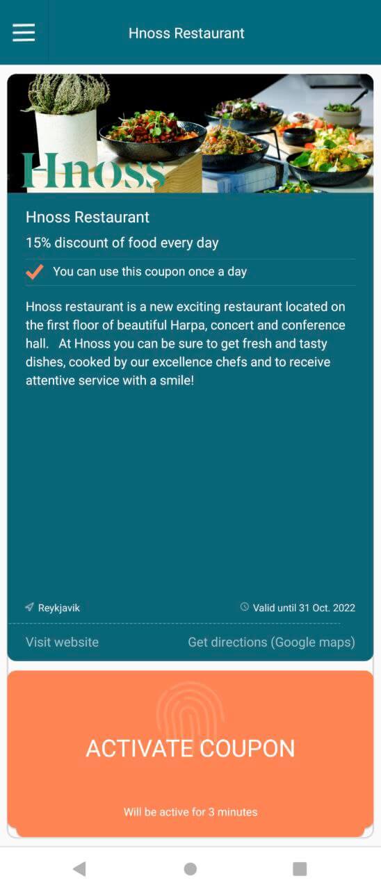 Iceland Coupon App, example of a coupon for Hnoss Restaurant