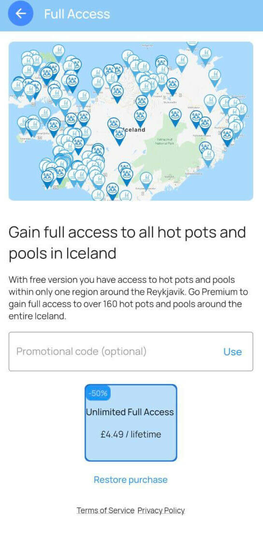 Screenshot of Iceland Hot springs premium upgrade page