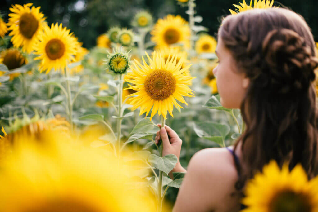 Woman with brown hair facing away from the camera, in a sunflower field.