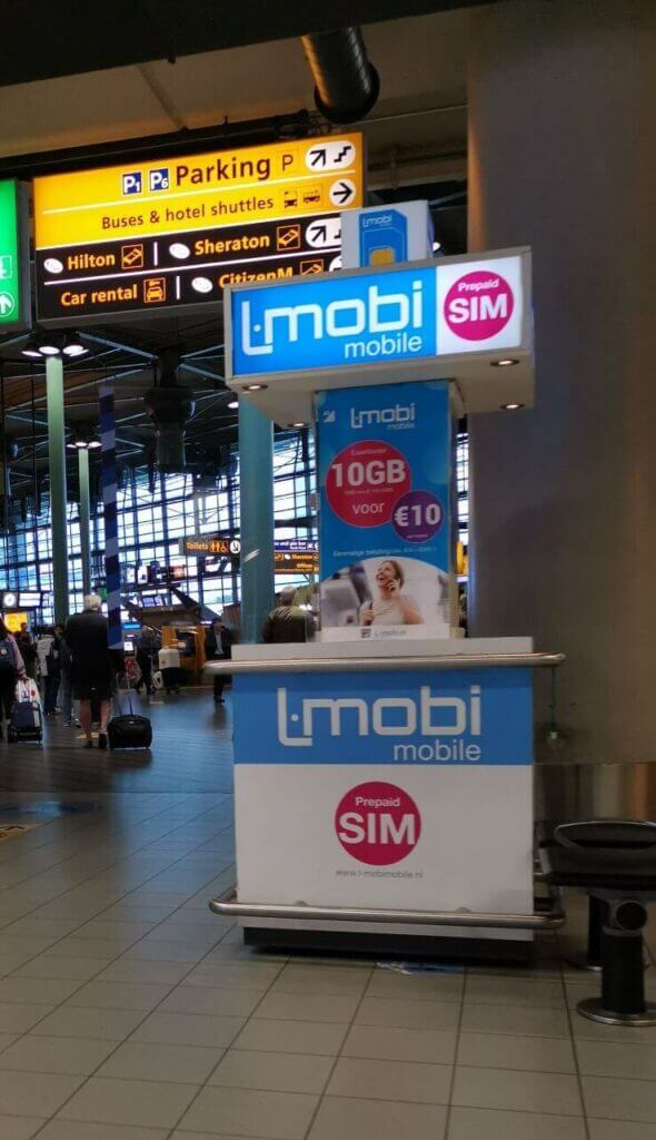 l-mobi sim card stand at schiphol airport.