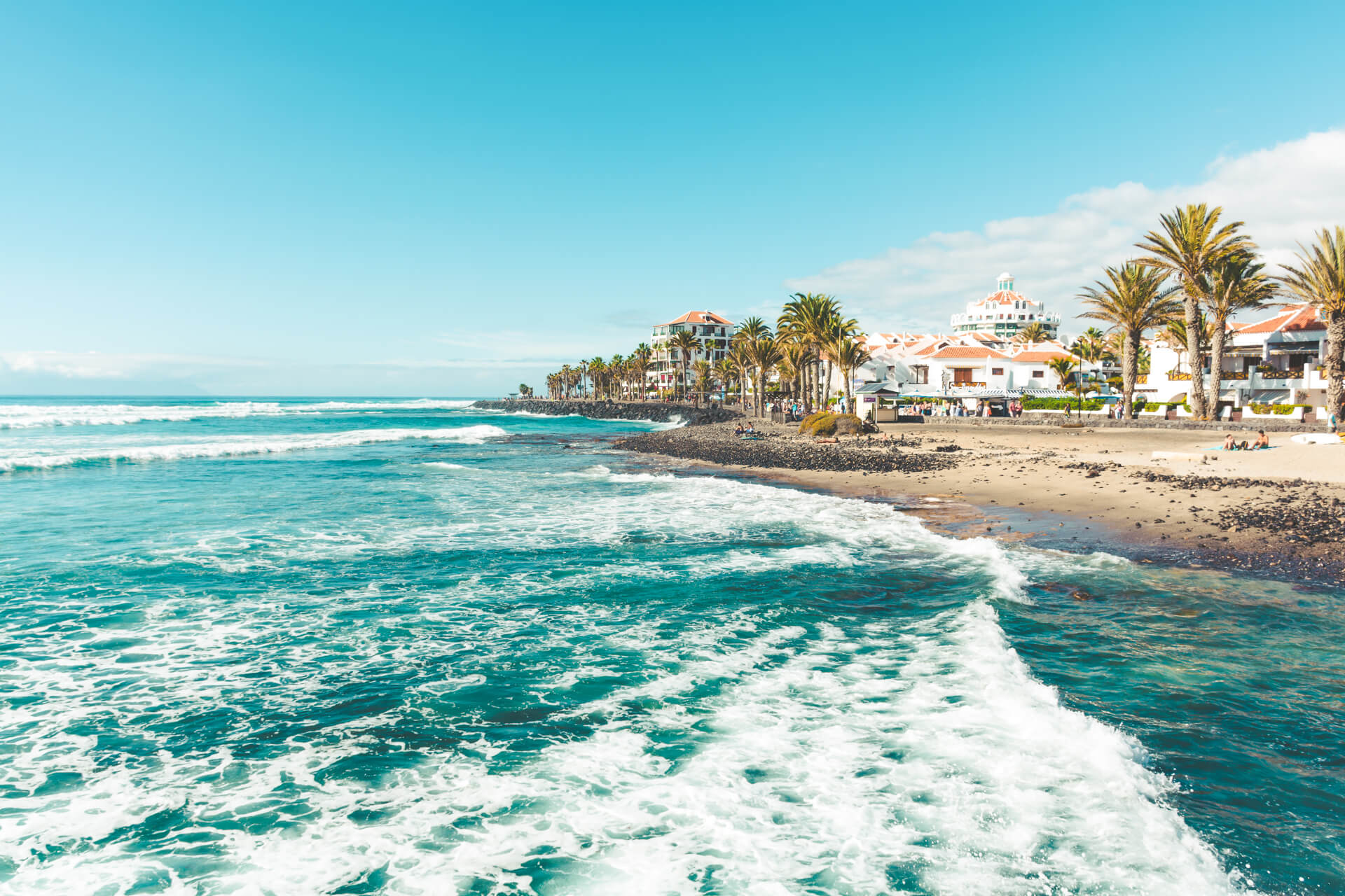 View of the coast and beach in Playa de las Americas,  