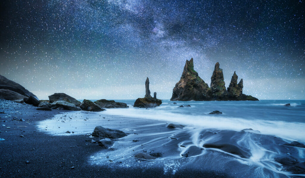 The night sky over the Reynisdrangar rock formations