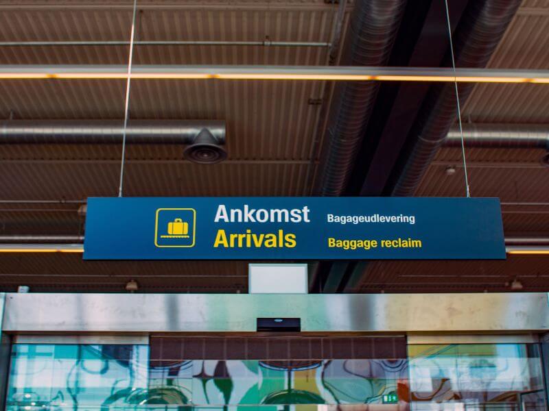Arrivals baggage reclaim sign in Copenhagen Airport